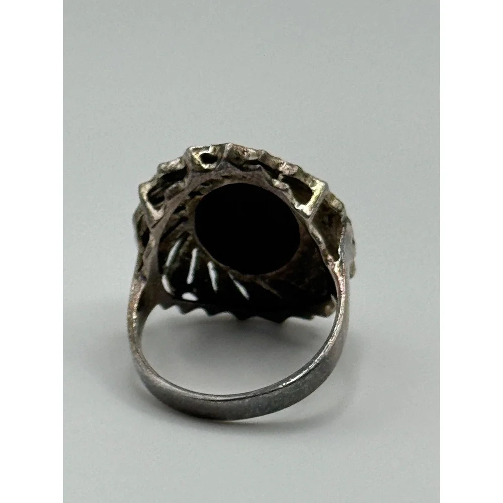Sterling‎ Silver Onyx Marcasite Oval Ring Size 8